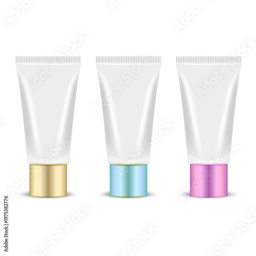 Set of three realistic light color cosmetic tubes with metallic gold blue and pink caps, ointment or cream packaging design 3d vector mockup isolated on white background for beauty industry project.