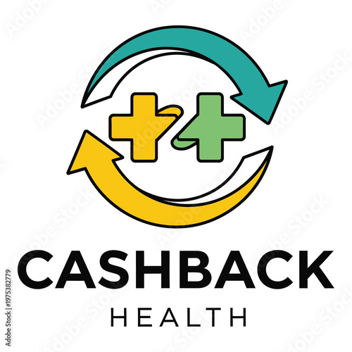 Cashback health logo with plus signs and circular arrows icon