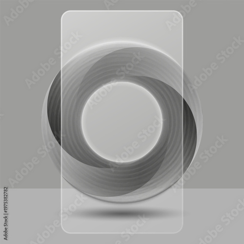 Circular swirl shape with monochrome morphism effect 3d geometric design featuring a swirling ring shape behind a phone shape transparent glass panel on gray background.