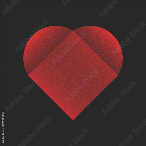 Red heart icon made from geometric shapes with a grainy texture and overlapping layers on a dark background for valentine's day cards, romantic greeting designs and modern wedding project artwork.