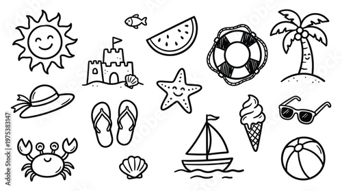 Charming hand drawn doodle collection of summer beach vacation icons and symbols perfect for travel and leisure themes