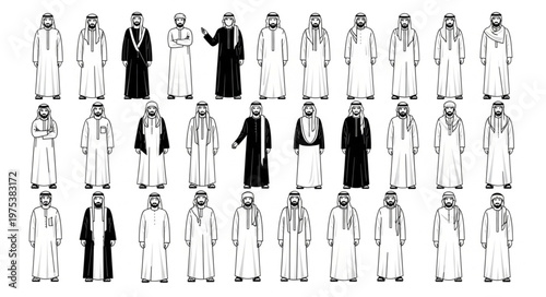Diverse group of men in traditional Arab attire, black and white illustration.