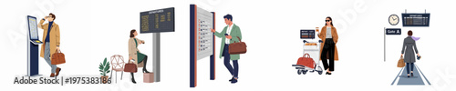 Set of flat vector illustrations featuring diverse travelers navigating an airport terminal, checking flight boards, kiosks, and heading to departure gates.