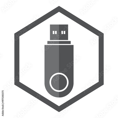 Gray usb flash drive icon in hexagon shape isolated on white background icon