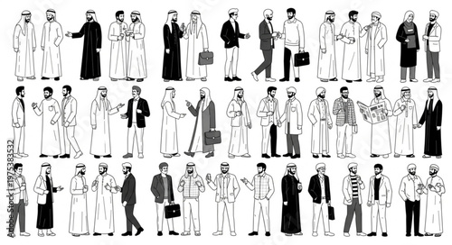 Diverse group of men in traditional attire and business suits.