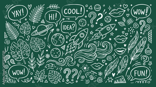 Chalkboard doodle art with space rocket planets stars and speech bubbles fun ideas and creativity concept on a dark green background