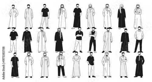 Diverse group of men in traditional attire, standing together in a row.