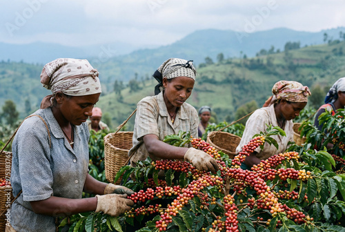 African women farmers harvesting ripe red coffee beans on a lush plantation in ethiopia