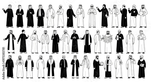 Diverse group of men in traditional Middle Eastern attire, standing together.