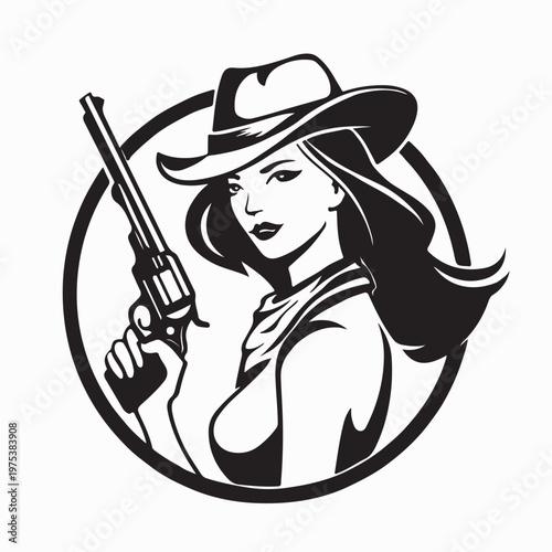 Pretty Western Woman With Gun Mascot Logo Vector On White Background