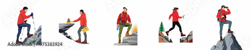 Flat vector illustration set of hikers and mountaineers engaging in various outdoor activities like climbing, navigating, and scouting on a rocky mountain terrain.