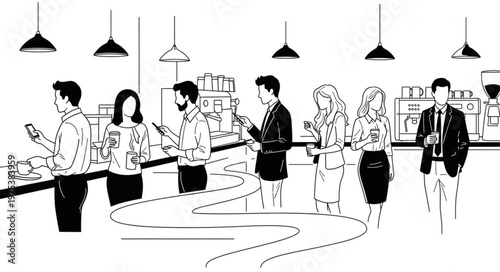 Diverse group of people interacting with smartphones in a modern setting.