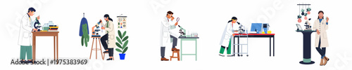 Set of diverse scientists in white coats working with microscopes and scientific equipment in modern laboratory settings, isolated on white background.