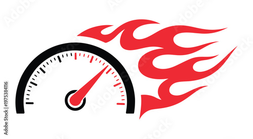 Dynamic speedometer with a red needle and fierce red flames trailing behind, representing high performance, speed, and automotive energy, editable 