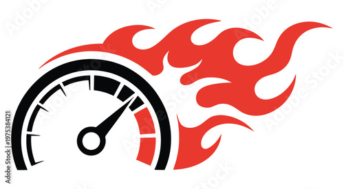 Dynamic speedometer with a red needle and fiery red flame trail, symbolizing high speed, performance, and acceleration