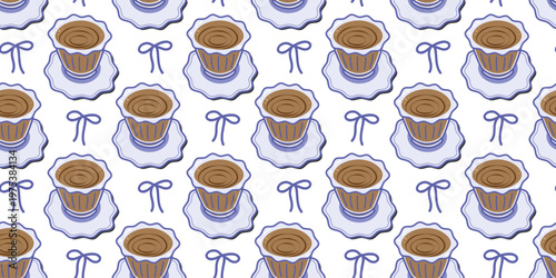 Mediterranean hand drawn style coffee cup on saucer and tied bowknot Seamless Pattern Banner Format. Isolated Vector illustration Coffee mood Themed Card Background Promo Banner, leaflets, labels, tag