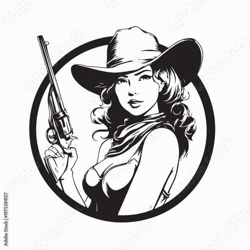 Pretty Western Woman With Gun Mascot Logo Vector On White Background