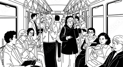 Diverse group of people traveling together on a crowded public transport train, commuting during the day.