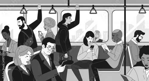 Diverse group of people using smartphones on public transportation.