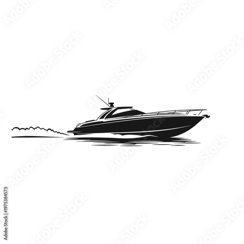 Sleek motorboat cruising on calm waters at sunset