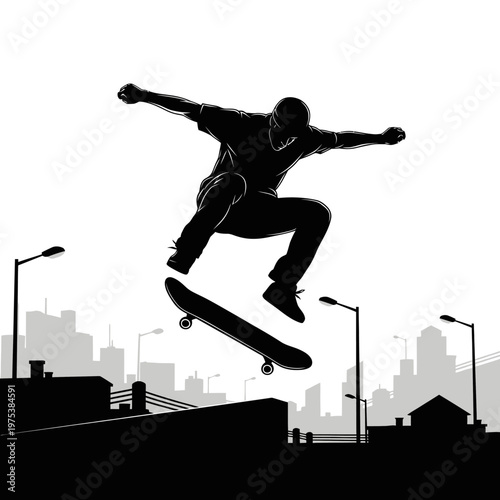 Skater Performing a Trick Over City Rooftops