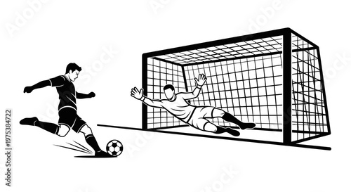 A soccer player kicking the ball towards the goal with the goalkeeper diving to block it.