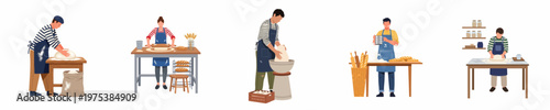 Flat vector illustration set of bakers kneading dough, rolling pastry, and sifting flour for fresh artisanal bread in a kitchen.