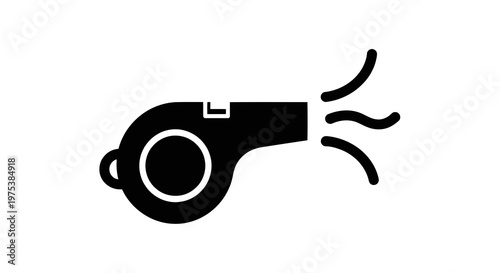 A simple black whistle icon on a white background is being blown.