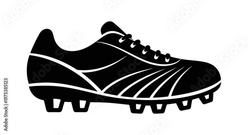 A sleek black and white illustration of a sports shoe with cleats.