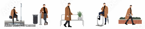 Set of flat illustrations of a stylish man in a tan overcoat in various urban city settings including walking, standing, and sitting.