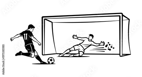 A soccer player kicking a ball towards the goalkeeper in a match.