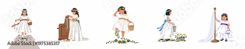 Set of flat illustrations featuring adorable flower girls in white dresses with floral crowns and baskets at a wedding ceremony.