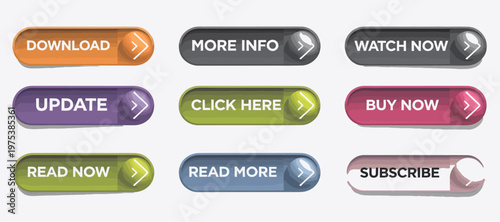 Collection of colorful call-to-action buttons for web and app design, including download and buy now.