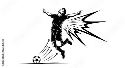 A soccer player kicking a ball with dynamic motion lines