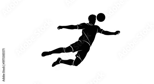 A soccer player is jumping to head the ball in a dynamic pose.