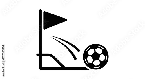 A simple black and white illustration of a soccer ball going into a goal.