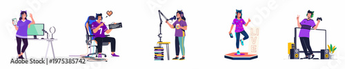 Vector illustration set of young gamers and content creators livestreaming, podcasting, and playing video games with modern professional equipment.