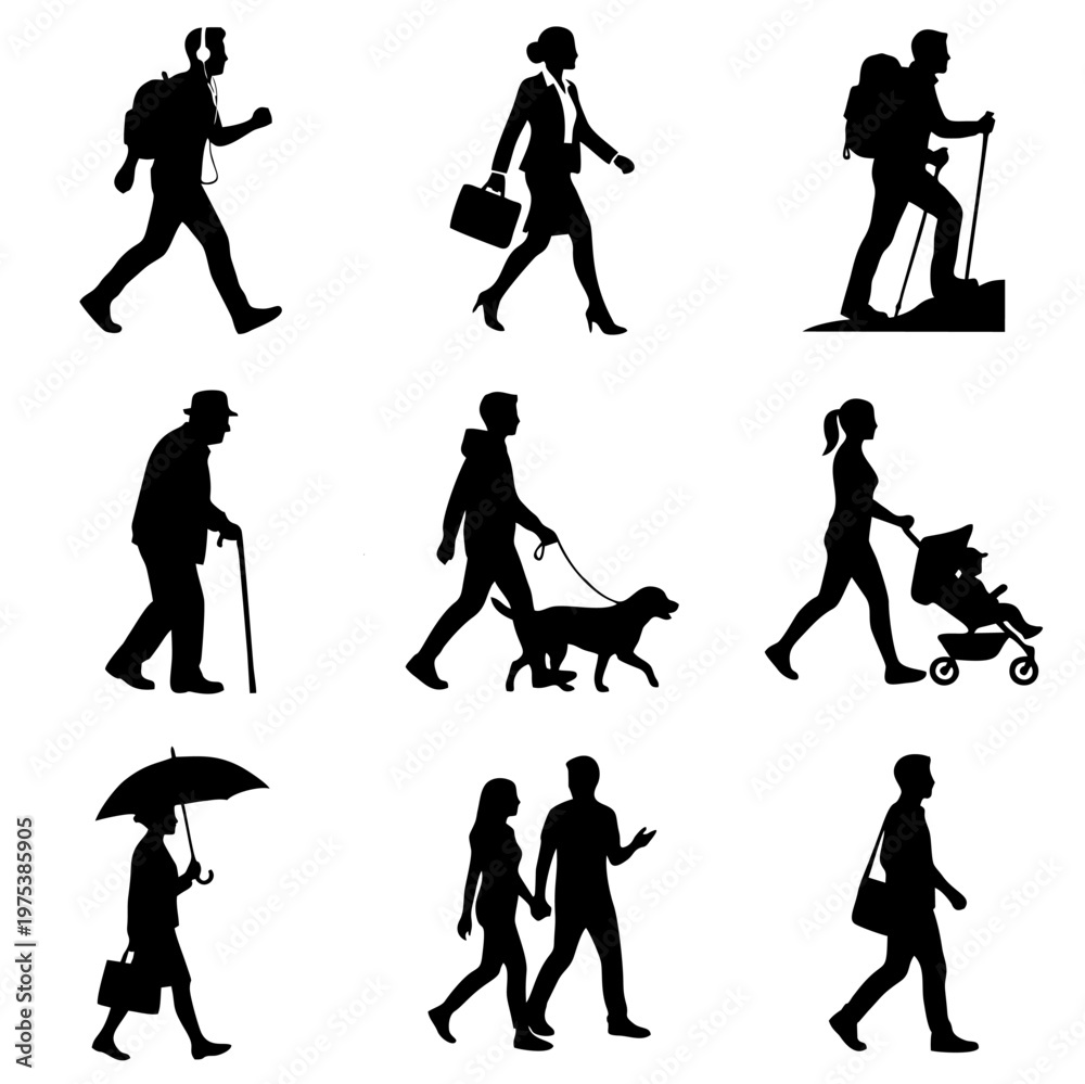 Fototapeta premium A collection of nine black silhouettes depicting various people walking, including a hiker, businesswoman, elderly man, dog walker, parent with stroller, and a couple.