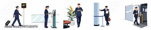 Flat vector illustration collection of male and female airline pilots performing various tasks in an airport terminal and boarding an airplane.