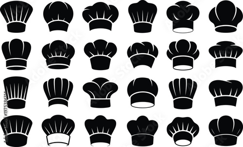 Variety of vector chef hats displayed in rows showcasing different designs