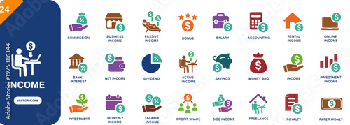 income icons set with various financial elements vector illustration
