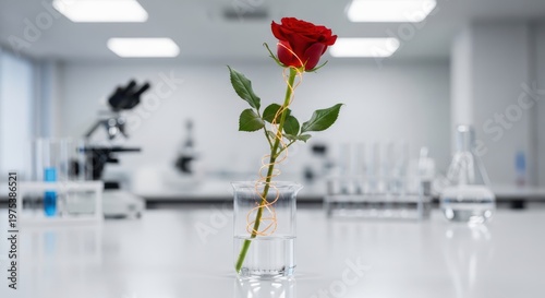 Single red rose inside a glass laboratory beaker with copper wire
