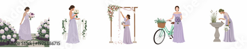 Elegant bridesmaid in lavender gown collection featuring garden scenes, wedding arch, vintage bicycle, and floral arrangements in a flat minimalist style.