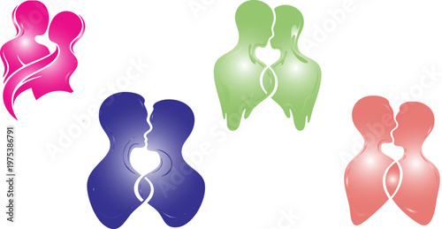 Abstract couple silhouettes in colorful gradients, romantic human connection icons, set of 4 stylized vector illustrations of people embracing