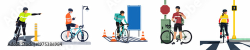 Set of diverse urban cyclists illustrating road safety, commuting, food delivery, and leisure activities in a clean vector flat style.