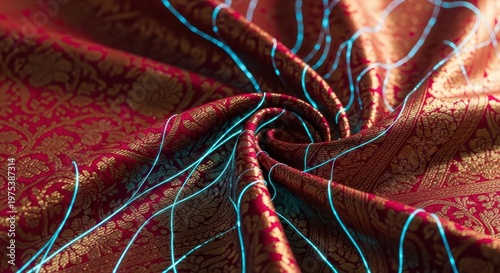 Intricate red and gold silk fabric with glowing blue digital light lines