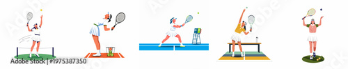 Collection of diverse female tennis player illustrations depicting different actions such as serving and playing on a professional court.
