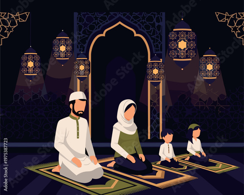 Family Prayer Session, Muslim Family, Home Prayer Room, Digital Illustration, Intimate Setting, Side View, Spiritual Connection