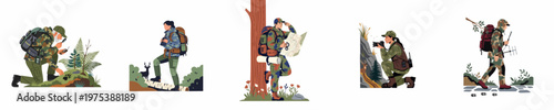 Flat vector illustrations of people in camouflage gear engaged in wildlife tracking, observation, photography, and navigation in various natural outdoor settings.