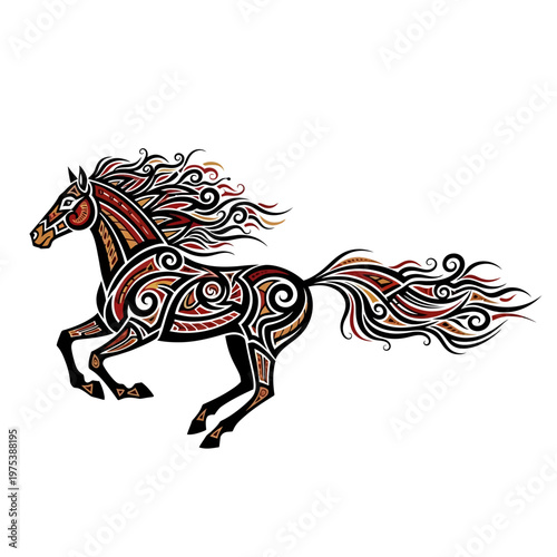 Stylized horse galloping with vibrant flowing mane